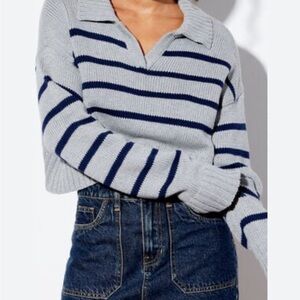 La Hearts Blue and Gray Striped V-Neck Sweater